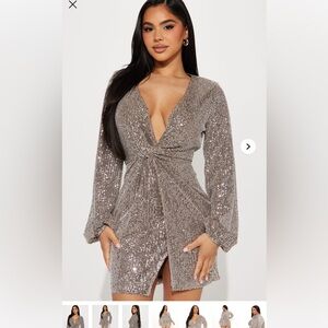Fashion Nova Silver Sequin Wrap Dress with Plunge Neckline